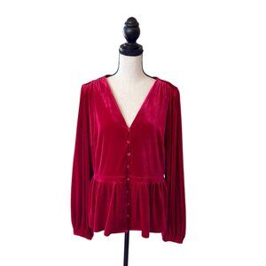Old Navy Red Velvet Babydoll Peplum Blouse Holiday Balloon Sleeves  BRAND NEW